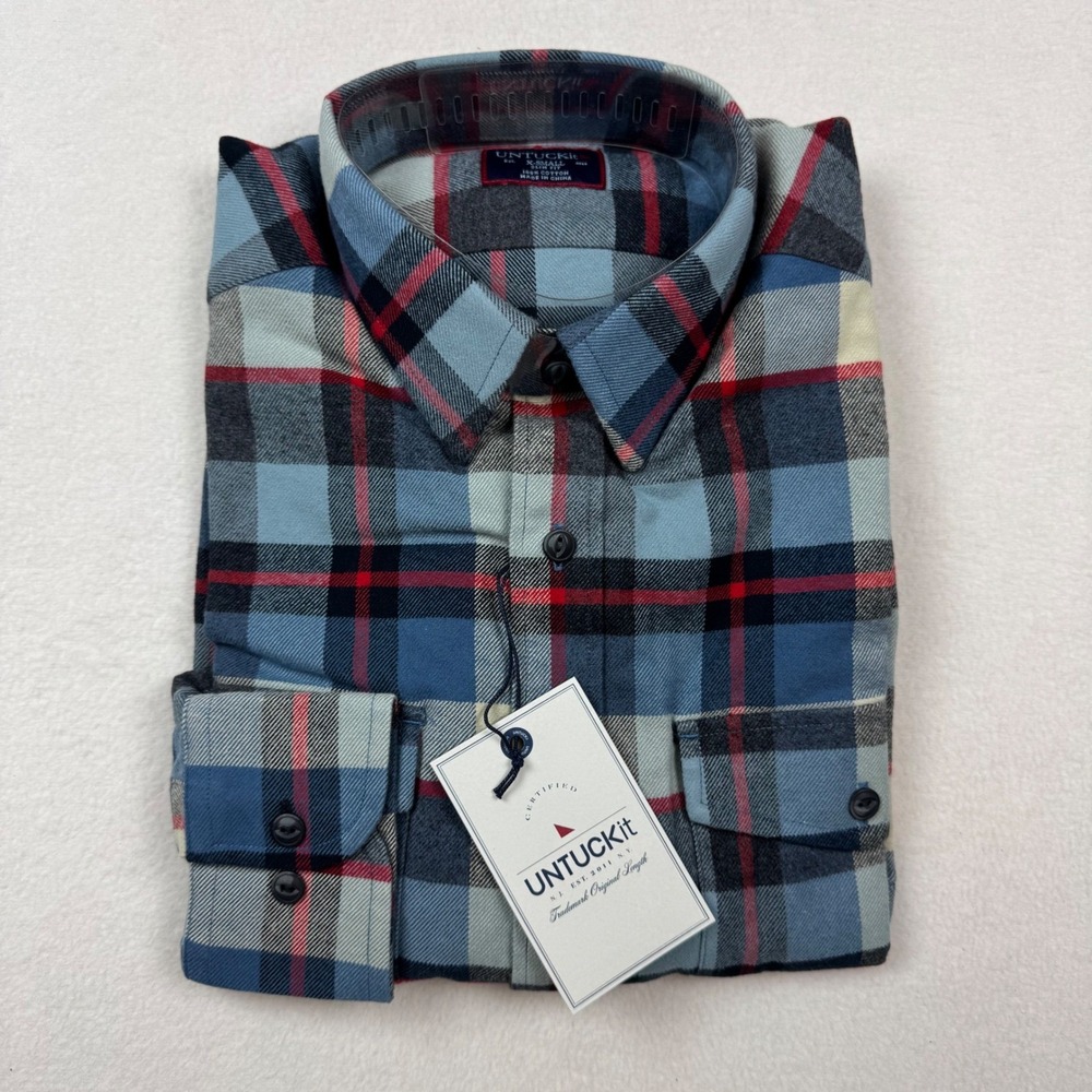 UNTUCKit Jernan Shirt XS Slim Fit Red Blue‎ Plaid Flannel Button Down NWT